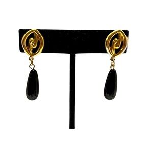 Gold Tone Black Beaded Drop Earrings